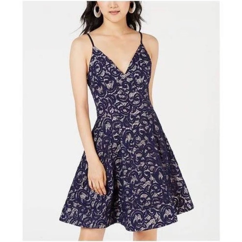 Sequin Hearts Junior Women's Navy Blue Lace Sequined Dress